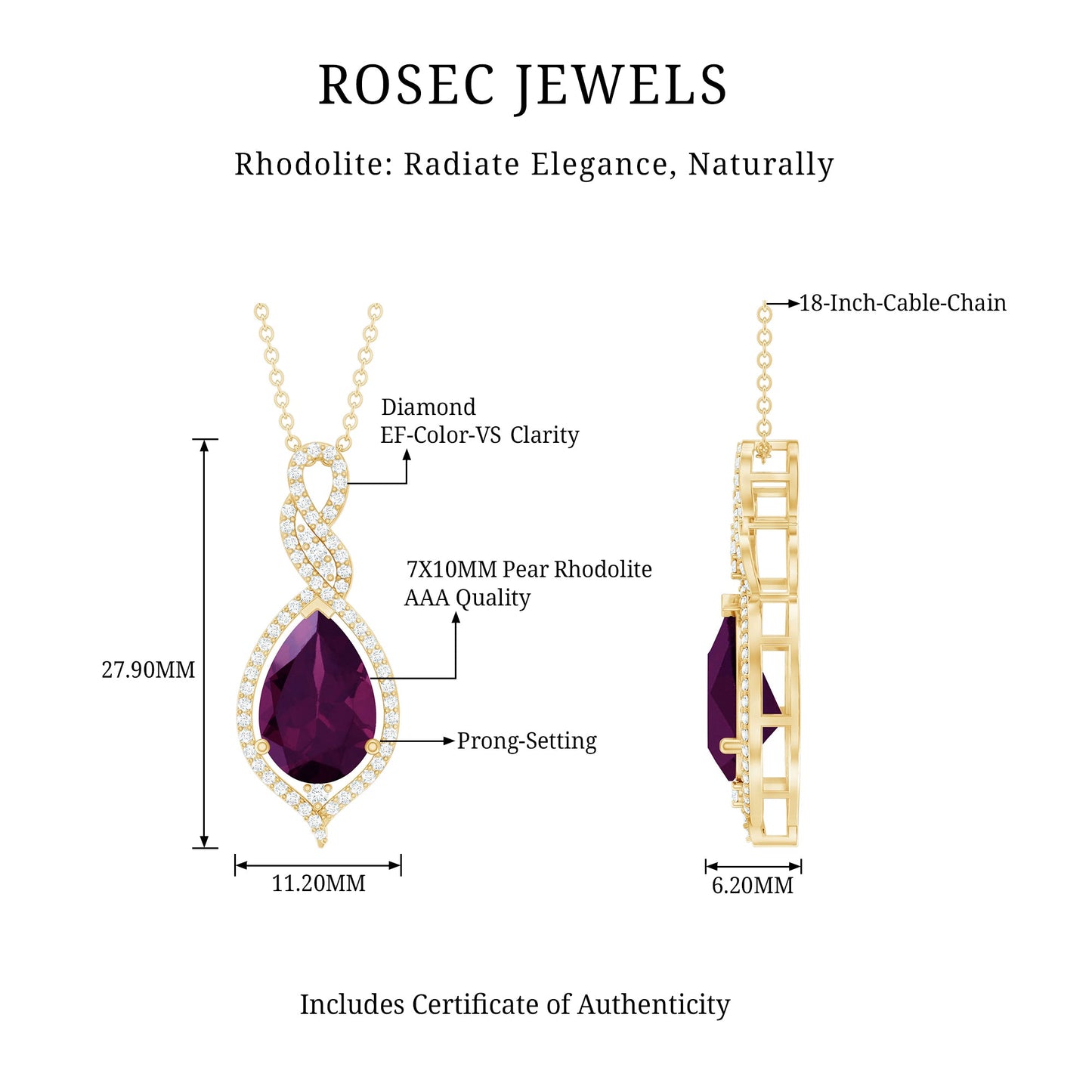2.5 Carat Pear Shaped Rhodolite Diamond Wedding Necklace for Bride