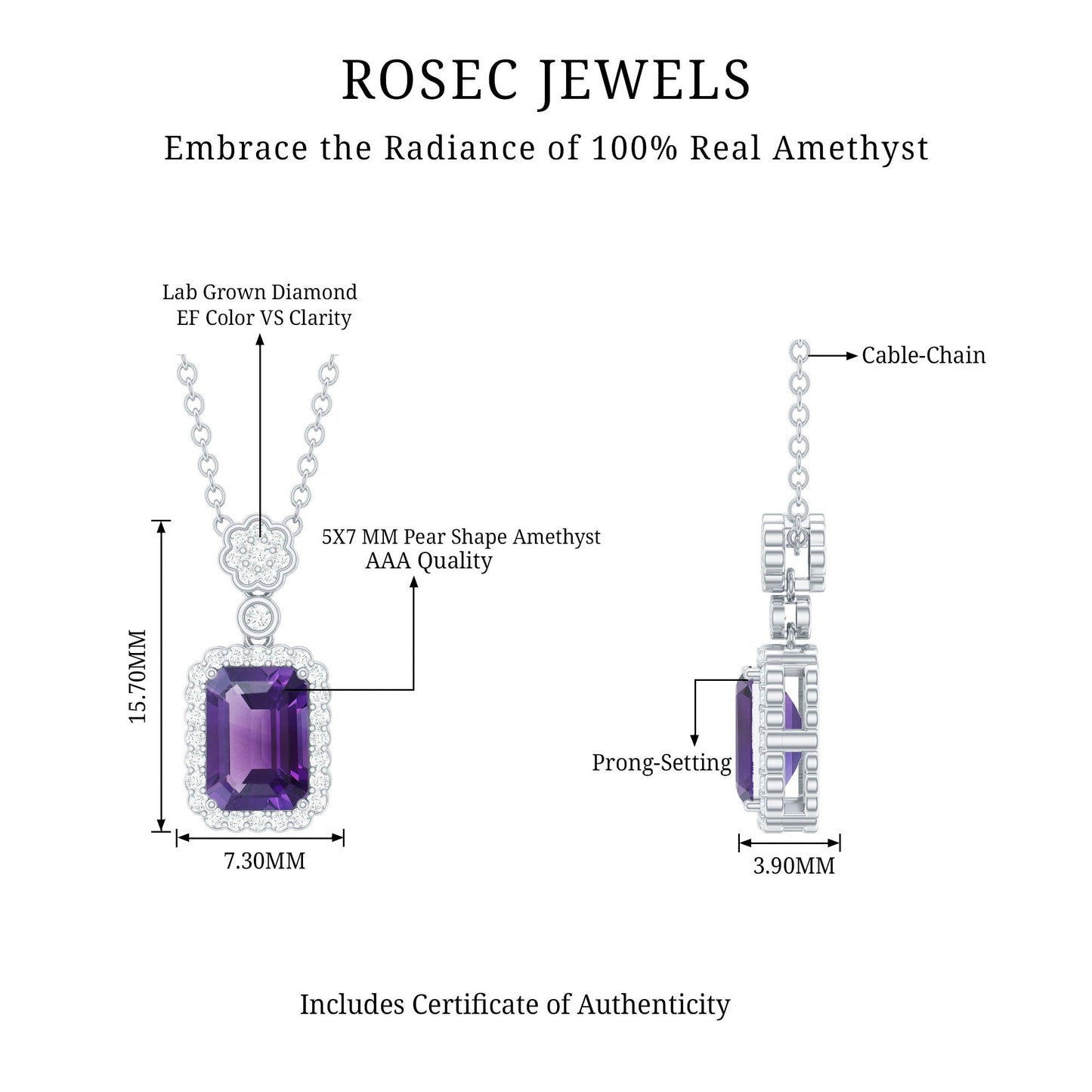 Genuine 1.1 Carat Emerald Cut Amethyst Vintage Necklace with Diamond Halo