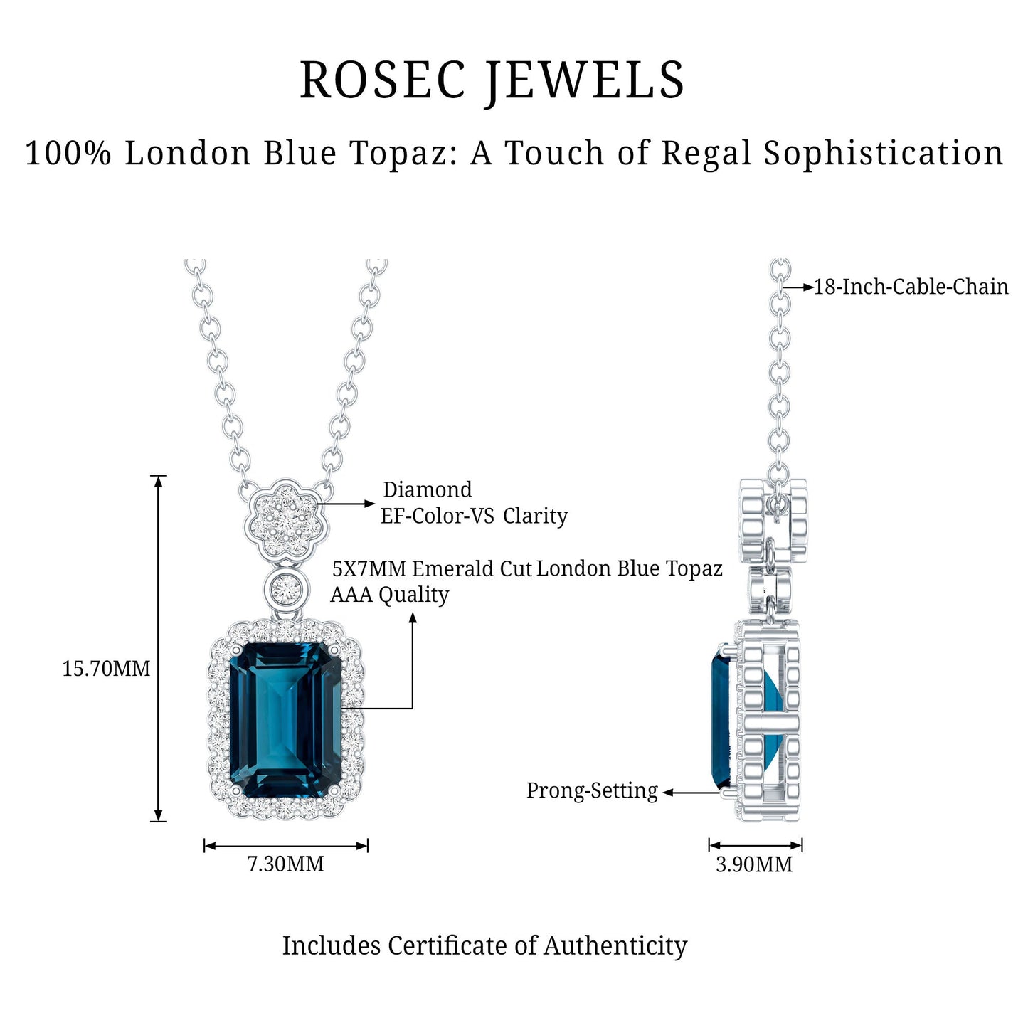 Genuine 1.1 Carat London Blue Topaz Emerald Cut Necklace with Diamond Halo