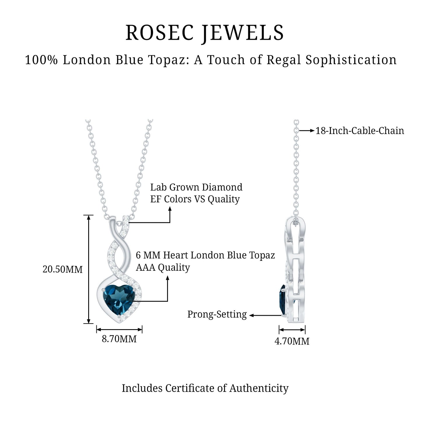 Genuine 0.98 Carat London Blue Topaz Infinity Heart Necklace with Diamond