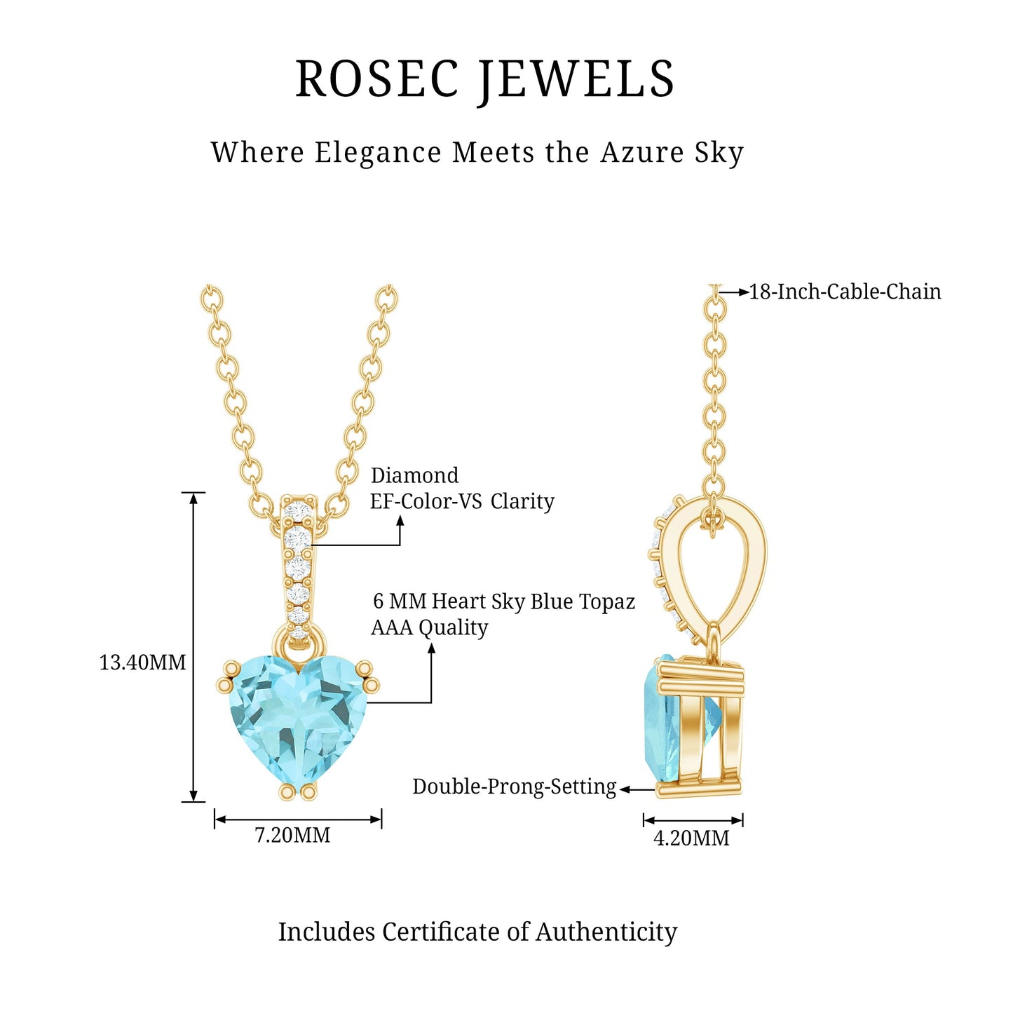 1 Carat Sky Blue Topaz Heart Pendant Necklace with Diamond