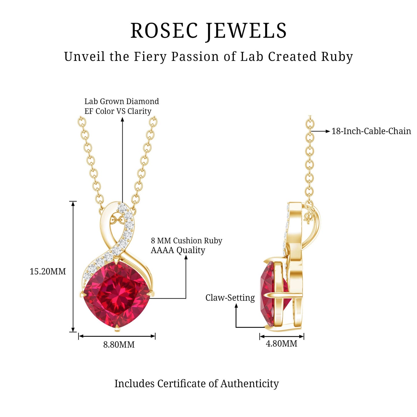 Certified Cushion Cut 2 Carat Lab Grown Ruby Infinity Necklace with Chain