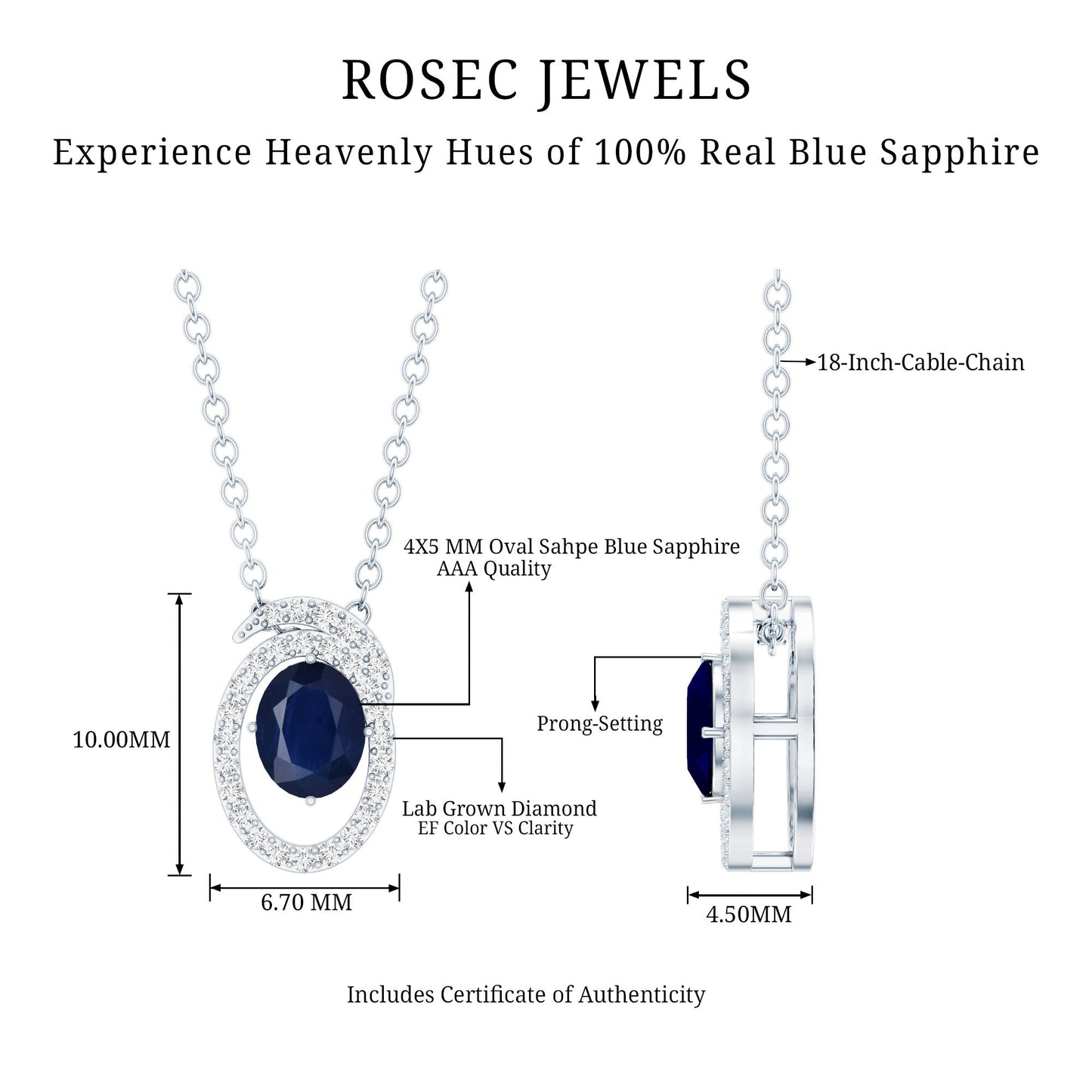 Certified Oval Shape Blue Sapphire Diamond Pendant Necklace with Chain