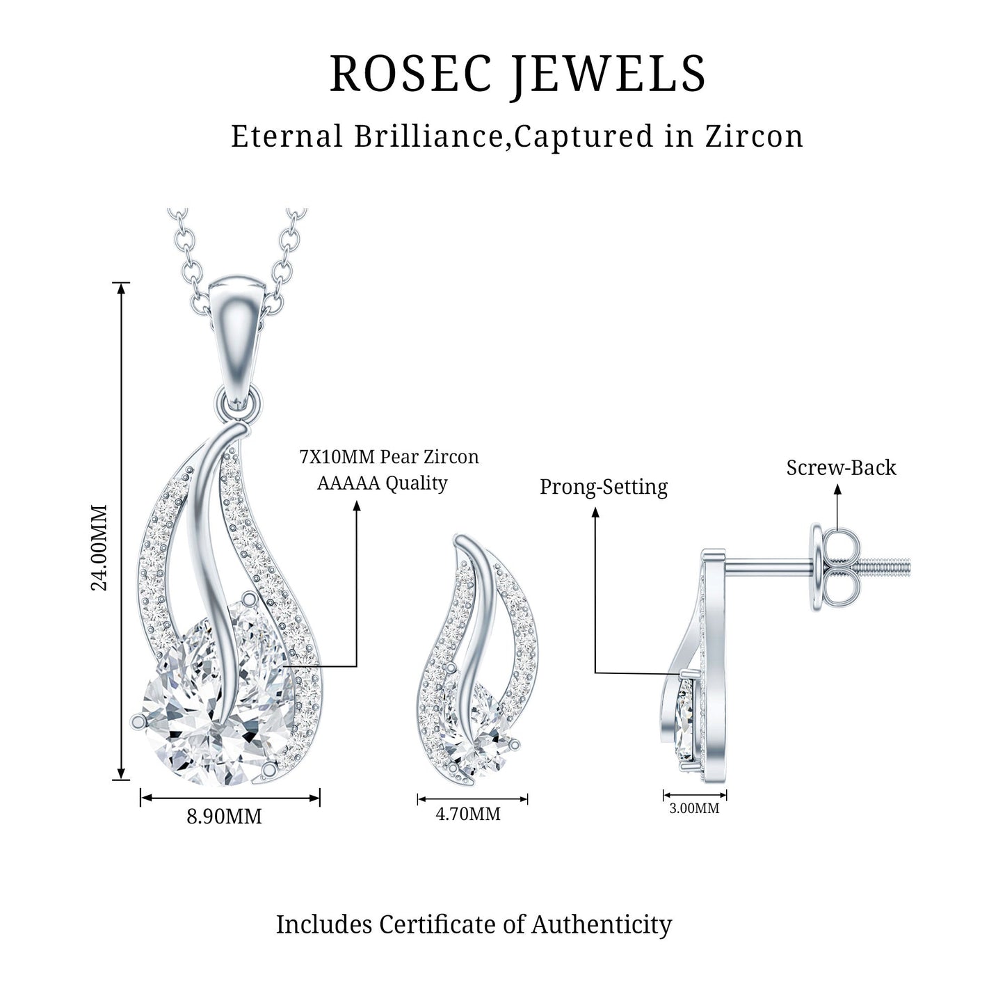 3 Carat Pear Cubic Zirconia Bridal Necklace and Earrings Set in Silver