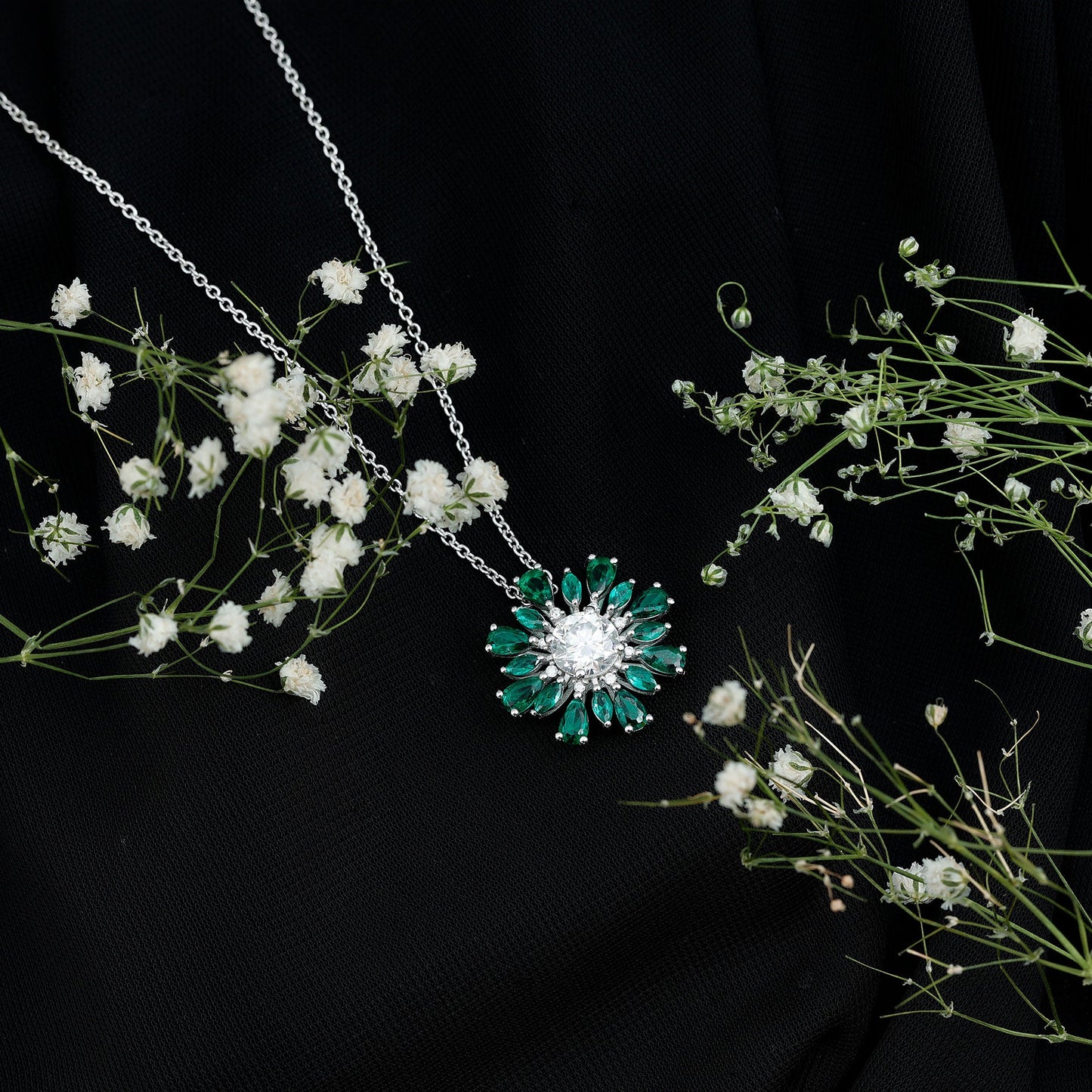 Certified 1.3 Carat Moissanite Statement Flower Necklace With Lab Emerald