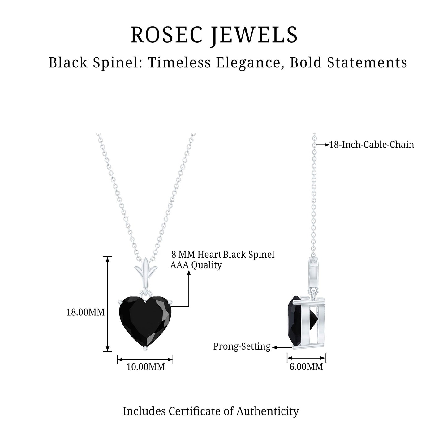 Natural Black Spinel Heart Necklace for Women