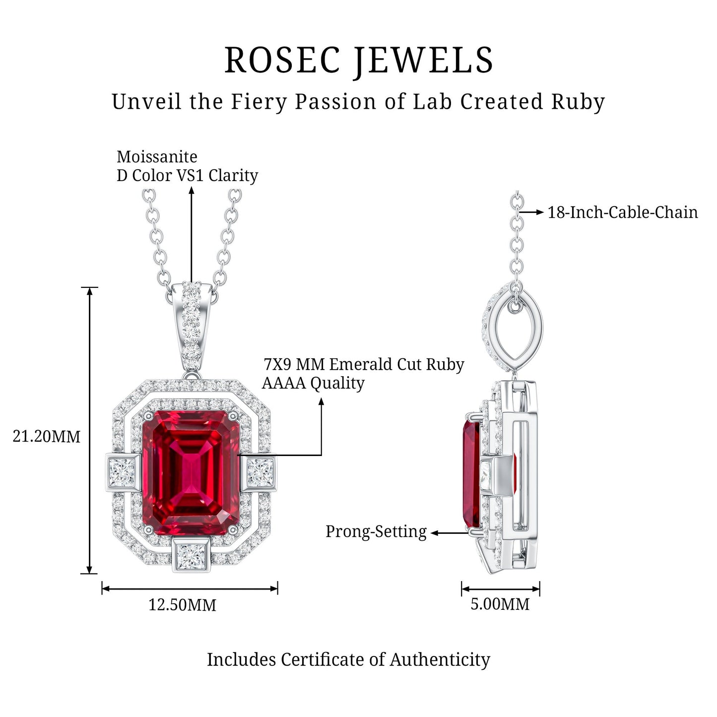 Vintage Inspired Lab Created Ruby Emerald Cut Necklace with Certificate