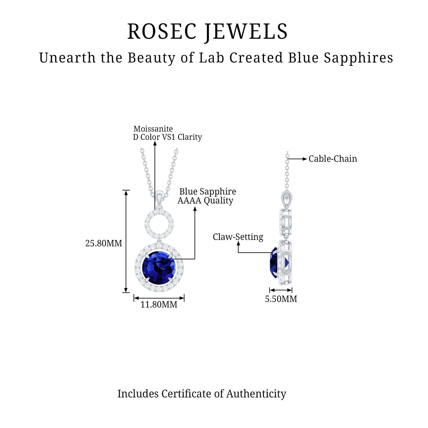 Lab Grown Blue Sapphire Halo Pendant with Moissanite