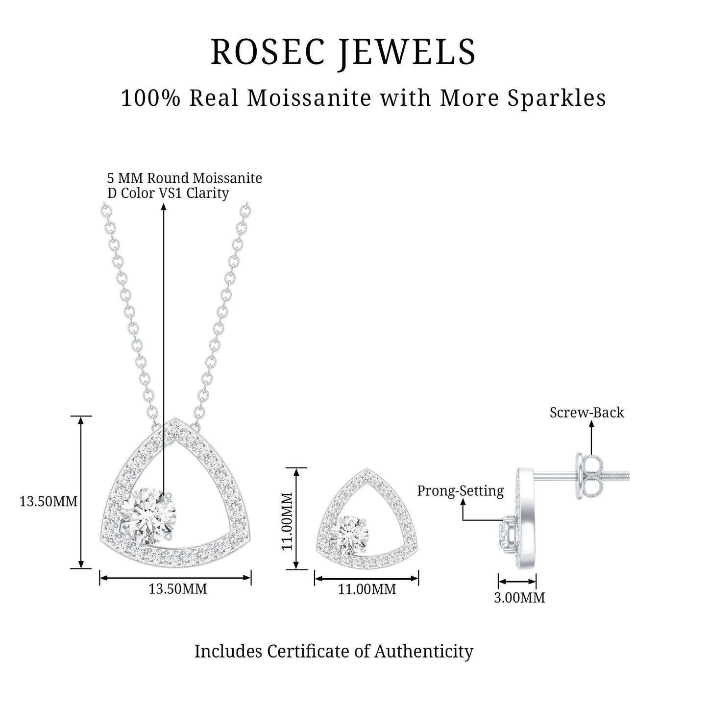 Simple Moissanite Triangle Necklace and Earrings Set