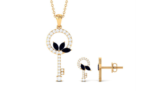 Natural Blue Sapphire Key Pendant and Earrings Set with Diamond