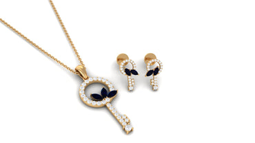 Natural Blue Sapphire Key Pendant and Earrings Set with Diamond