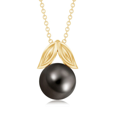8 Carat Black Tahitian Pearl Solitaire Pendant with Leaf Motif