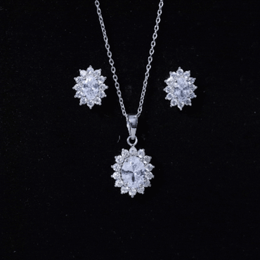 Oval Shaped Cubic Zirconia Halo Pendant and Earrings Set