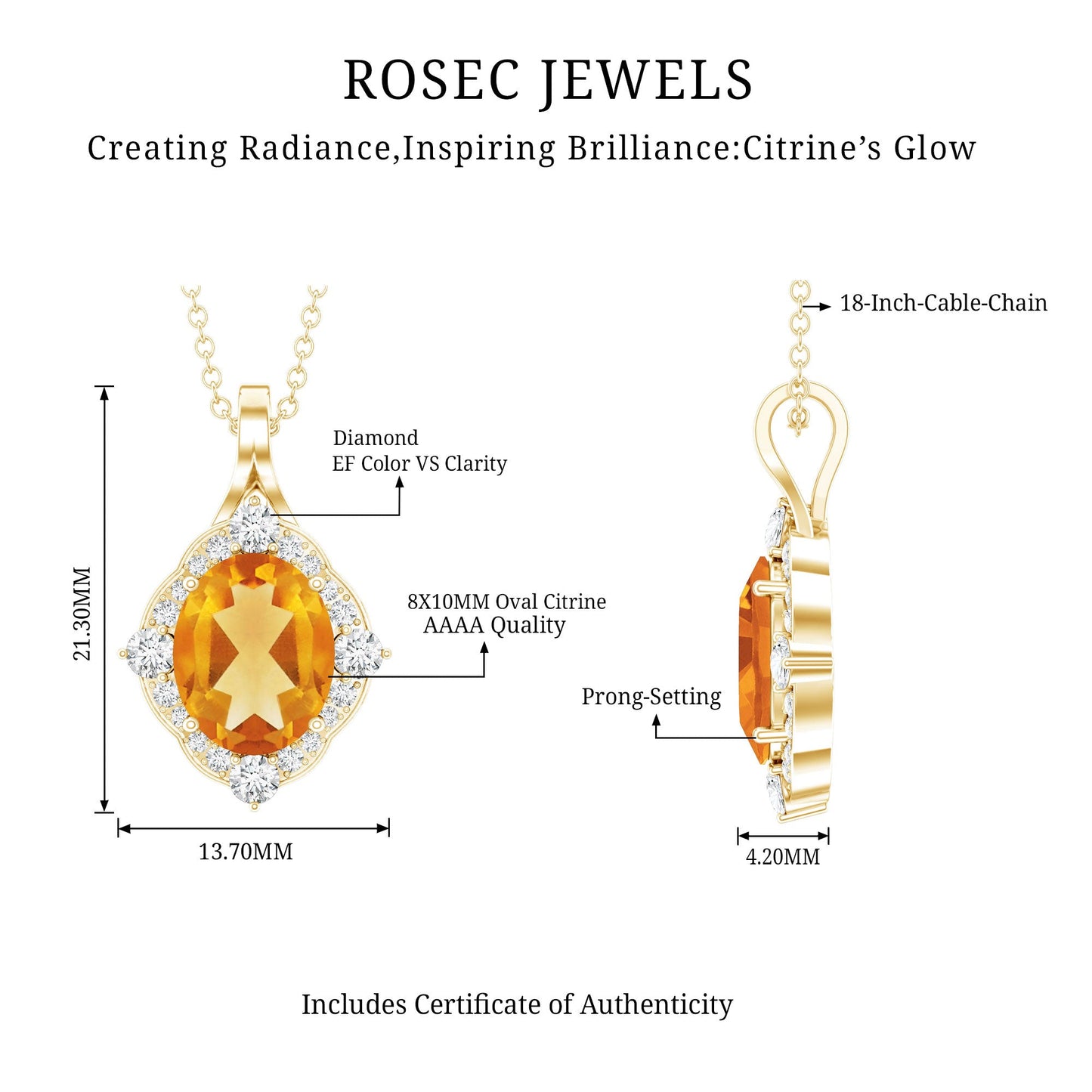 Genuine 2.5 Carat Citrine Diamond Vintage Necklace with Silver Chain