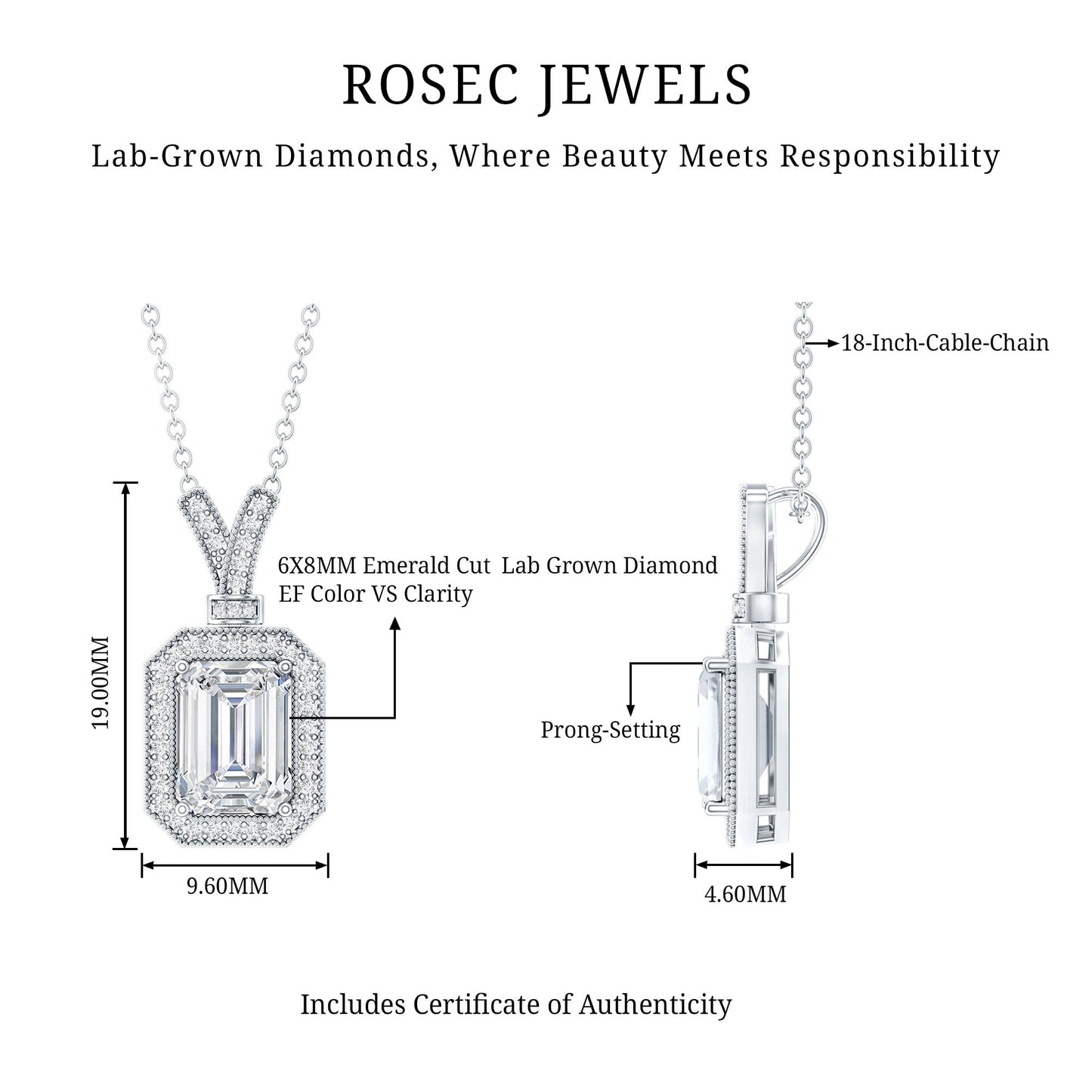 1.8 Carat Lab Created Diamond Emerald Cut Halo Necklace