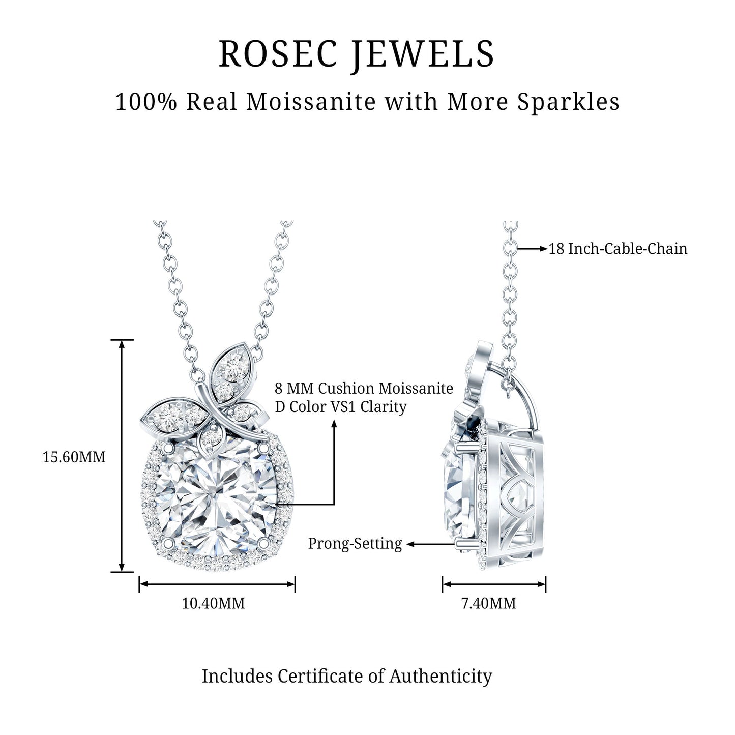 Certified 3 Carat Moissanite Designer Necklace with Silver Chain
