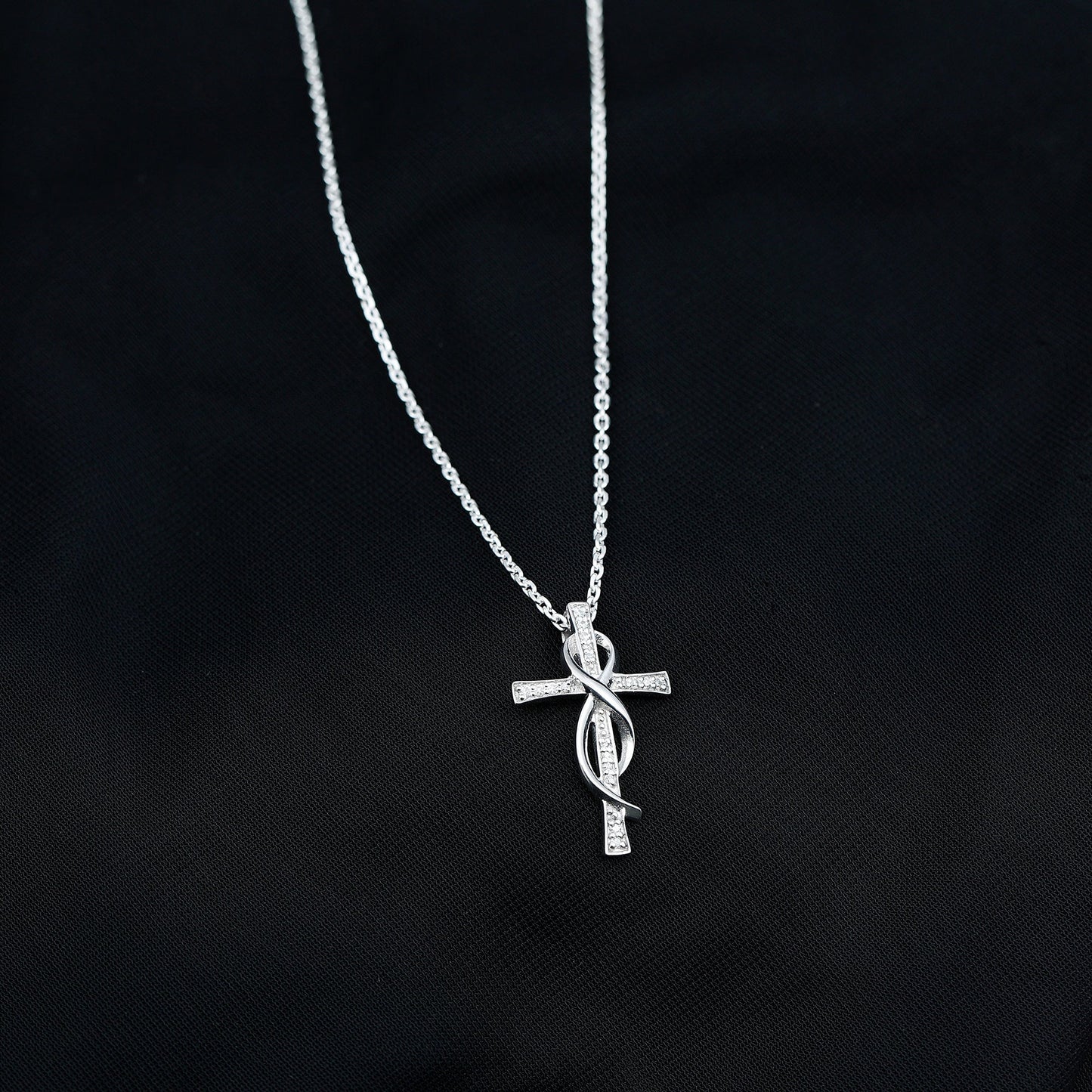 Pave Set Moissanite Cross Infinity Necklace with Silver Chain