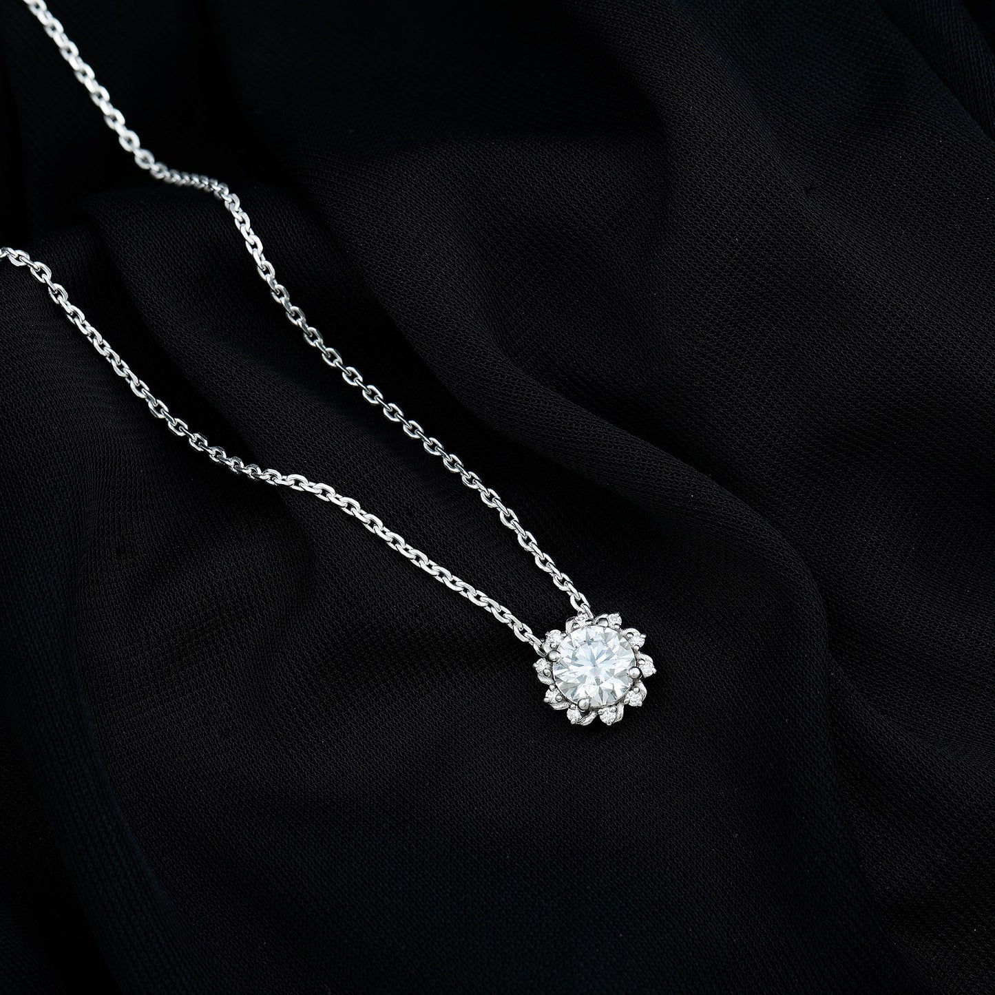 Certified 2 Carat Round Moissanite Sunburst Necklace With Silver Chain