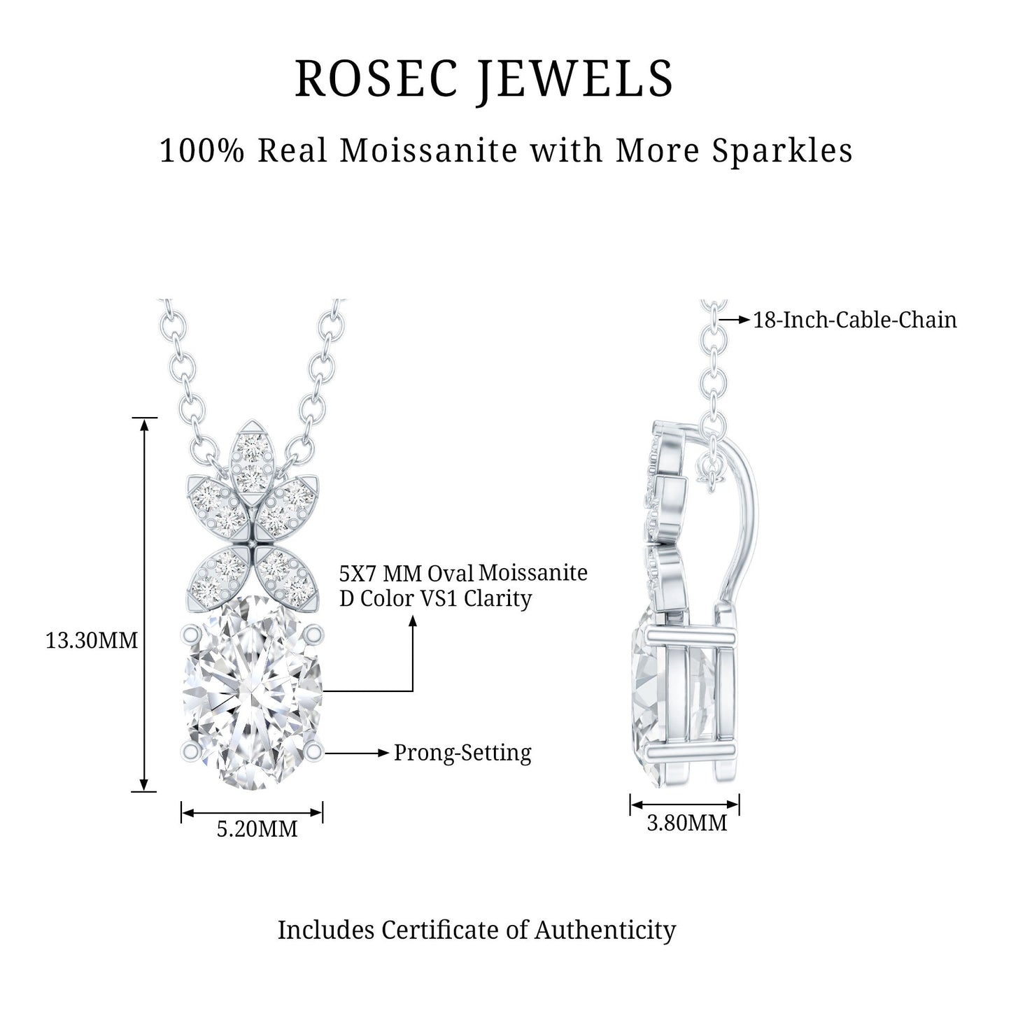 Certified 0.9 Carat Oval Shaped Moissanite Flower Pendant Necklace