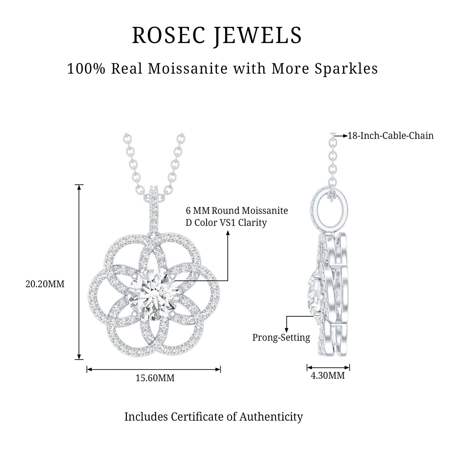 Certified Moissanite Flower Necklace with Silver Chain