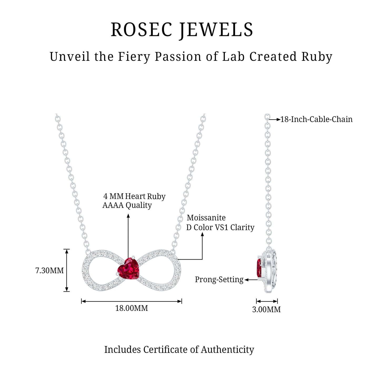 Half Carat Lab Grown Ruby and Moissanite Heart Infinity Necklace For Her