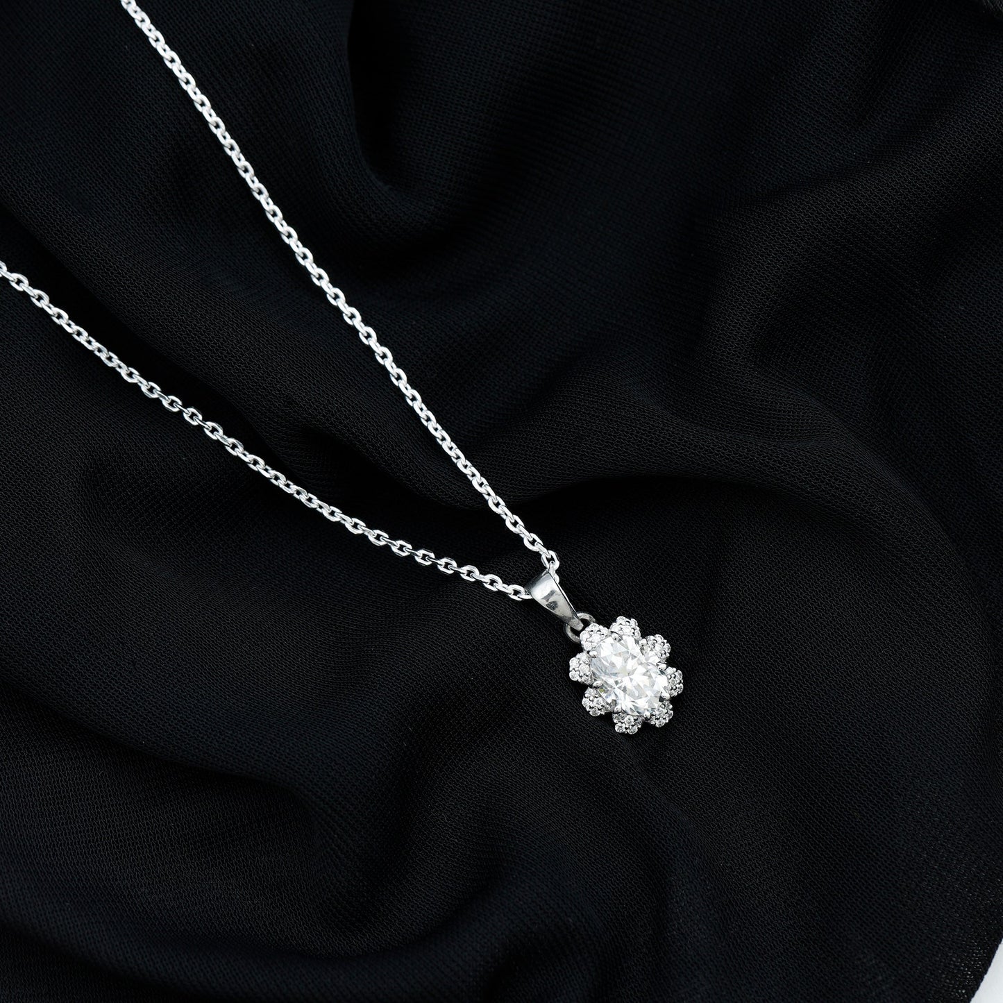 2 Carat Flower Inspired Moissanite Oval Necklace with Silver Chain