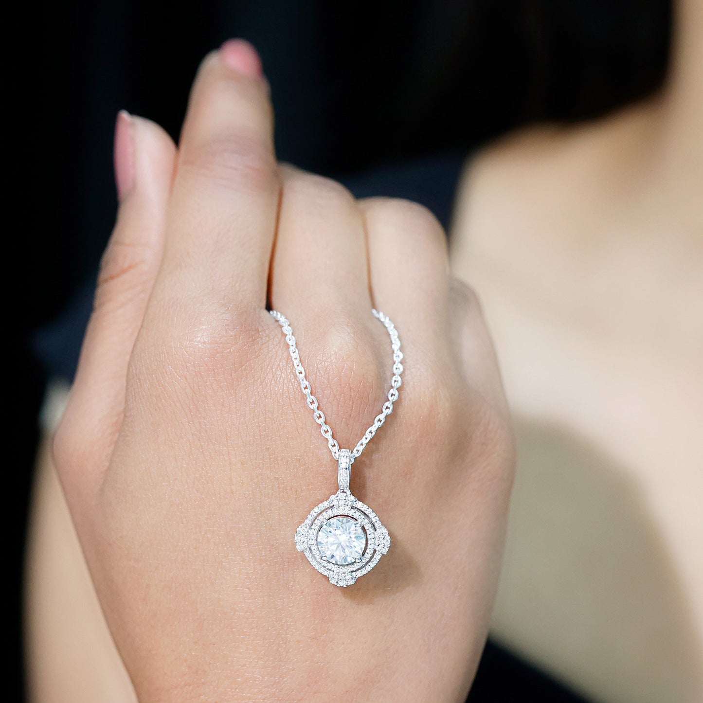 Certified 2 Carat Moissanite Double Halo Necklace with Silver Chain