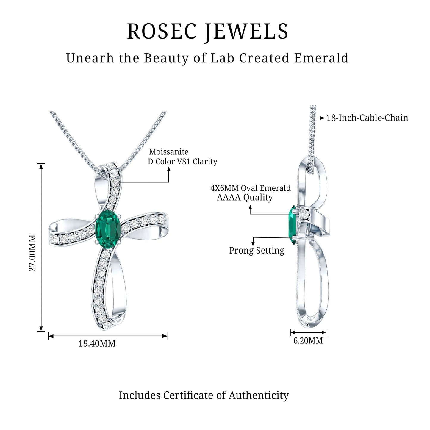 Certified Lab Grown Emerald Christian Cross Necklace With Silver Chain