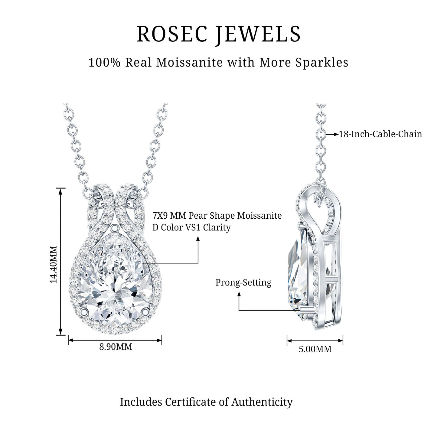 Certified 1.4 Carat Moissanite Teardrop Wedding Necklace with Silver Chain