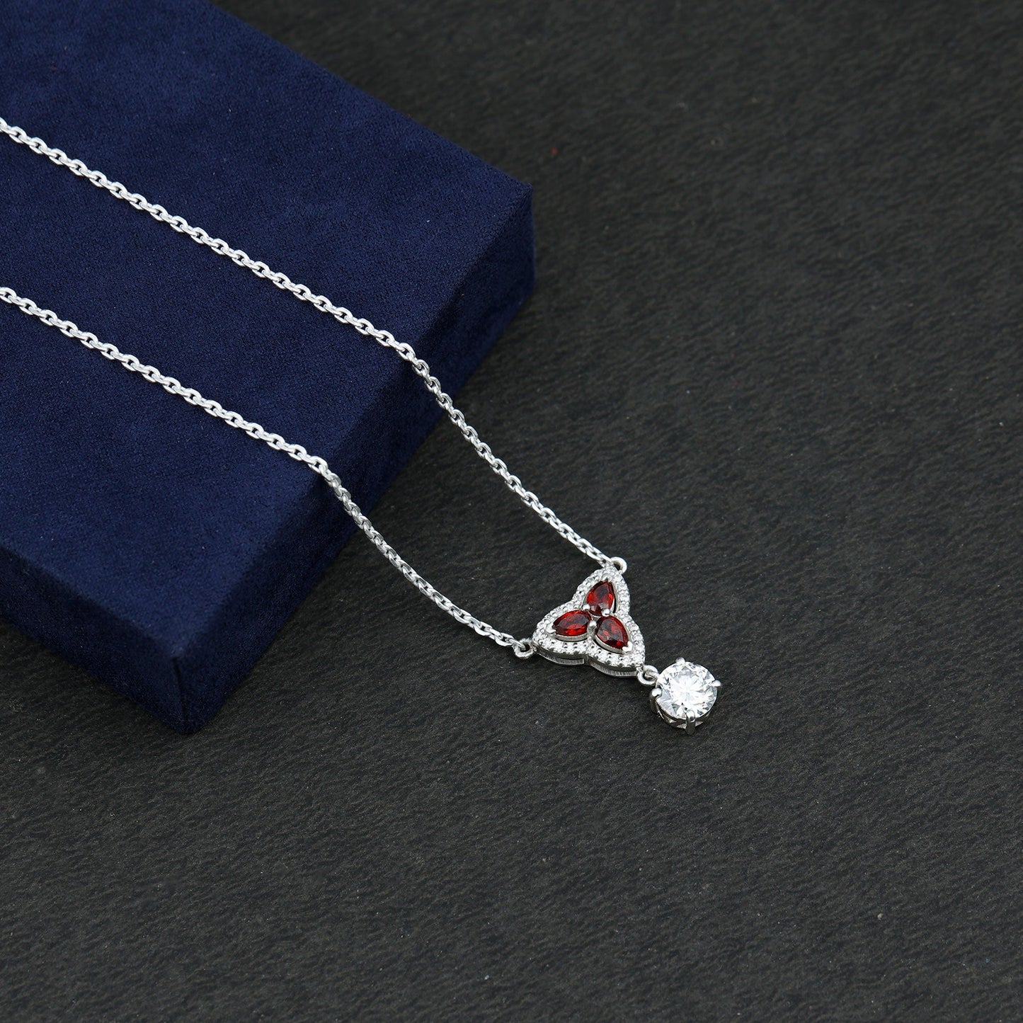 Certified Moissanite and Garnet Designer Bridal Necklace in Silver