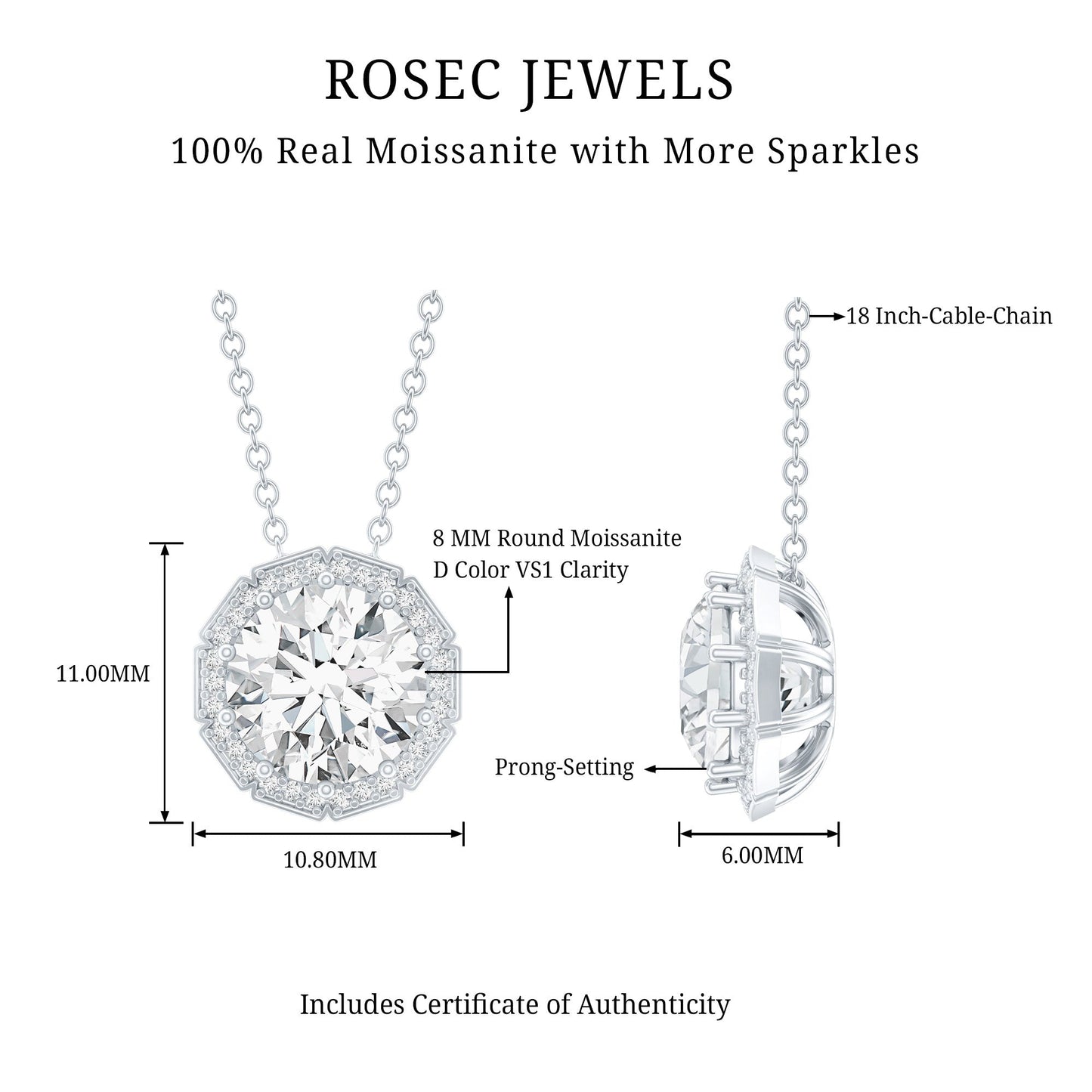 Certified 2 Carat Round Moissanite Designer Necklace with Silver Chain