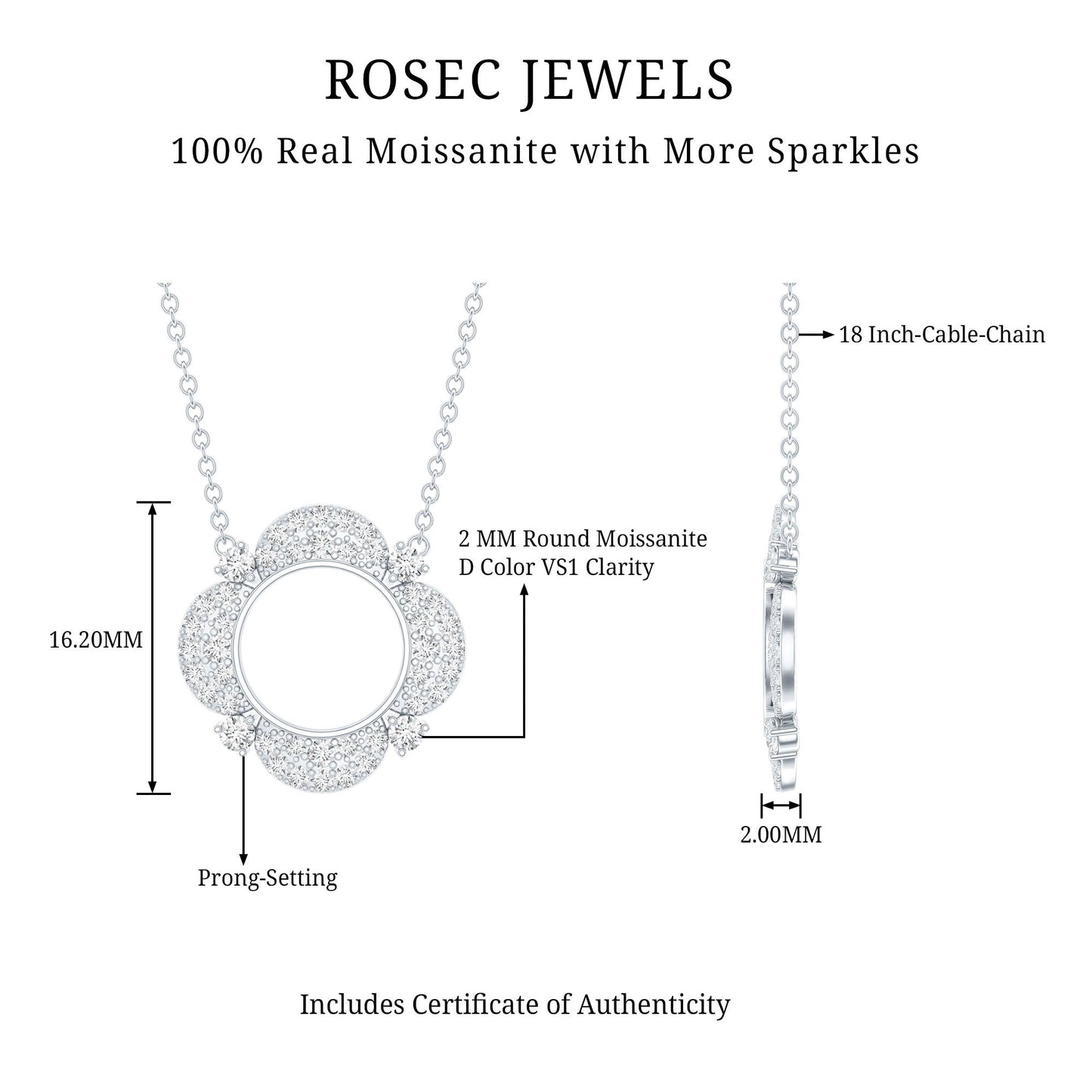 Moissanite Flower Pendant Necklace With Silver Chain