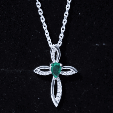 Pear Shape Lab Emerald Cross Locket with Silver Chain