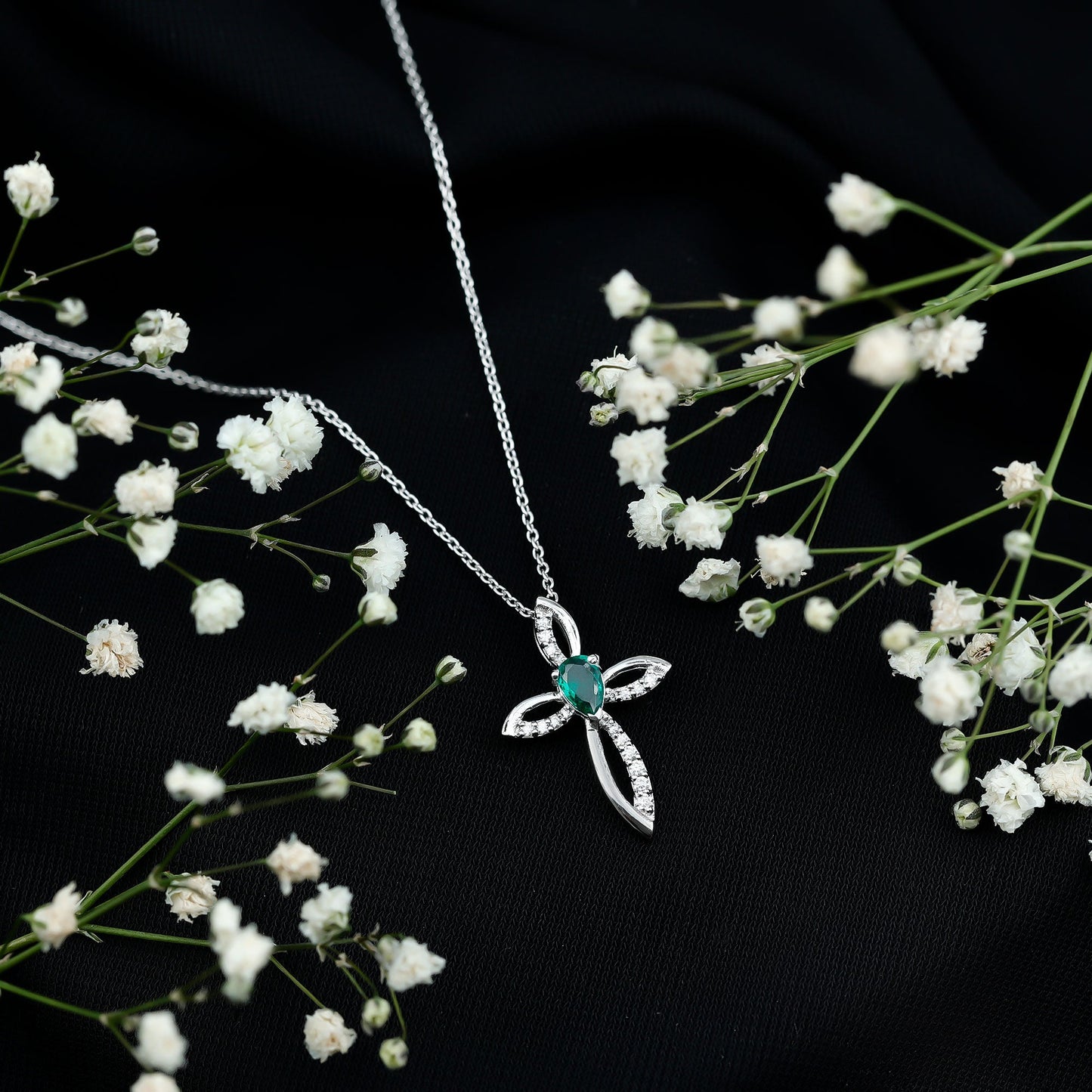 Pear Shape Lab Emerald Cross Locket with Silver Chain