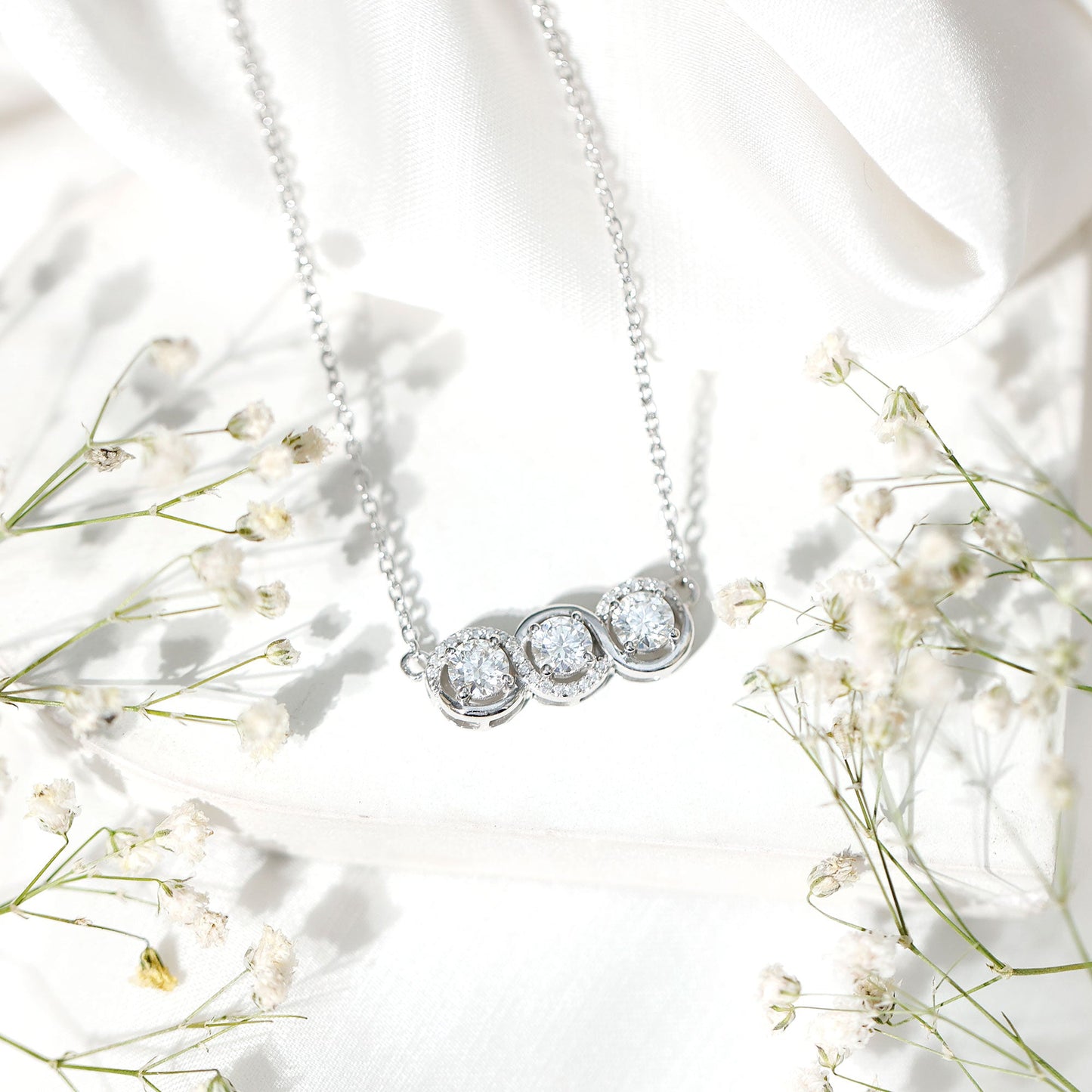 Certified Round Moissanite 3 Stone Bar Necklace with Silver Chain