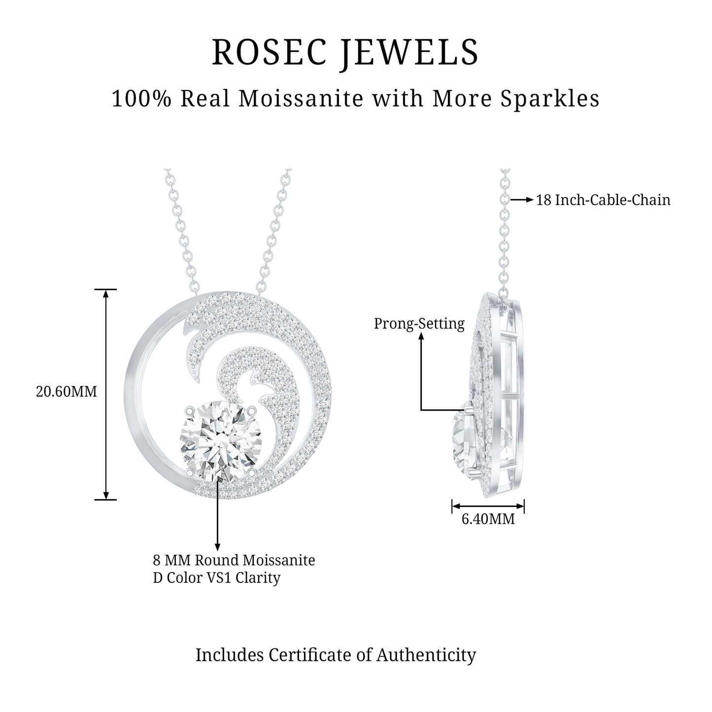 Certified Moissanite Ocean Wave Necklace with Silver Chain
