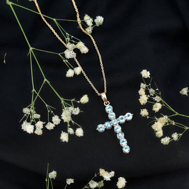 Womens Aquamarine Cross Pendant Necklace with Chain