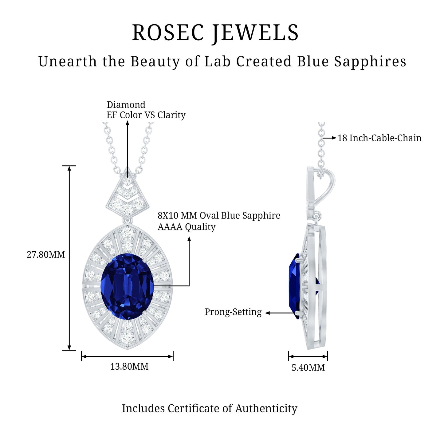 Lab Grown Blue Sapphire Art Deco Necklace with Diamond Accent