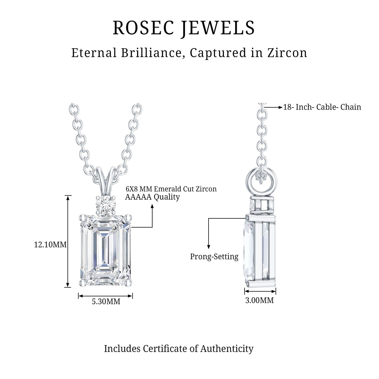 Certified 1.87 Carat Emerald Cut Cubic Zirconia Pendant Necklace with Silver Chain