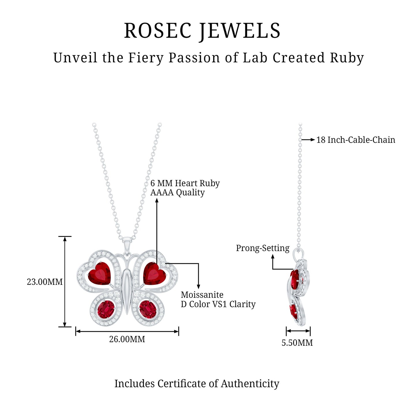 Certified Created Ruby Butterfly Pendant Necklace with Moissanite