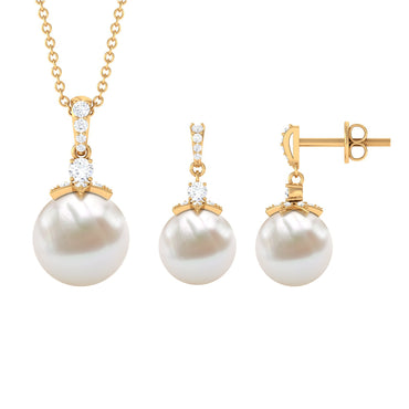 Real Freshwater Pearl and Diamond Drop Pendant and Earrings Set