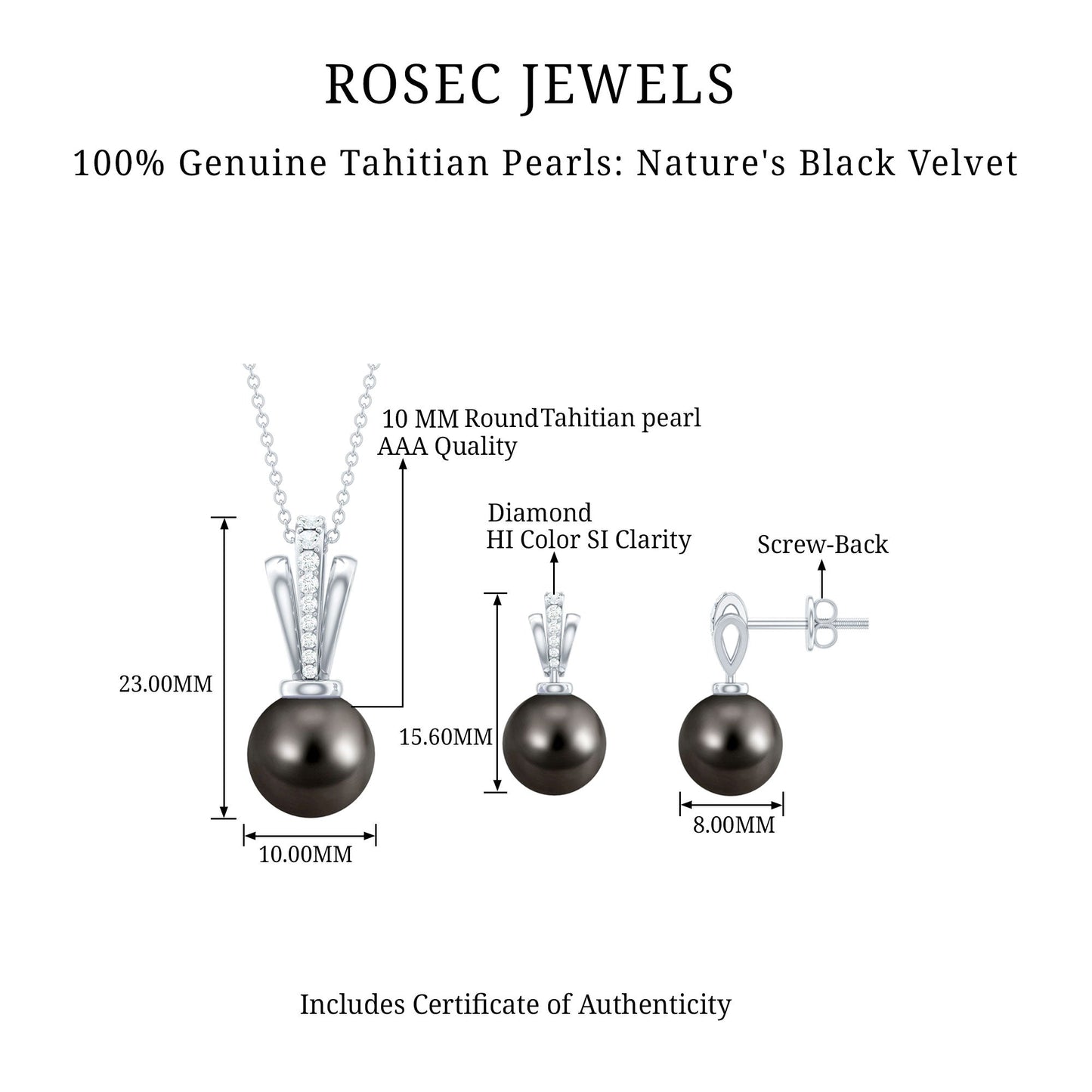 Genuine Tahitian Pearl and Diamond Drop Necklace Earrings Set