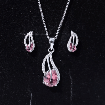 Pear Shaped Pink Tourmaline and Diamond Leaf Jewelry Set