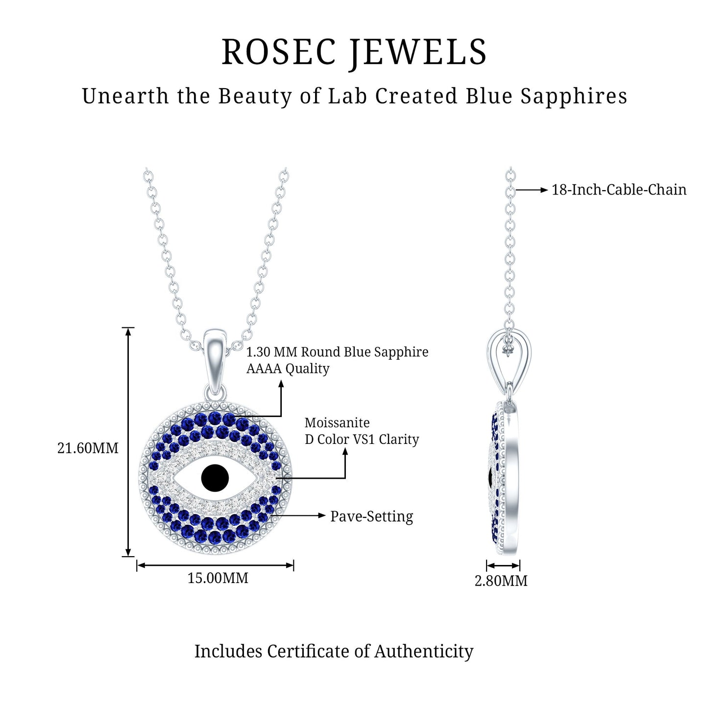 Sterling Silver Evil Eye Necklace with Blue Sapphire and Moissanite