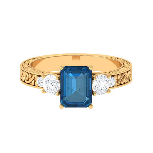 2.25 Carat Emerald Cut London Blue Topaz Statement Ring with Engraved Shank