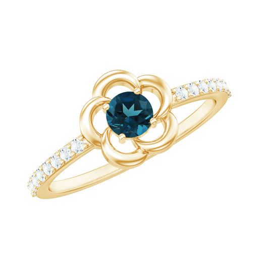 0.6 Carat Round London Blue Topaz Flower Promise Ring with Diamond