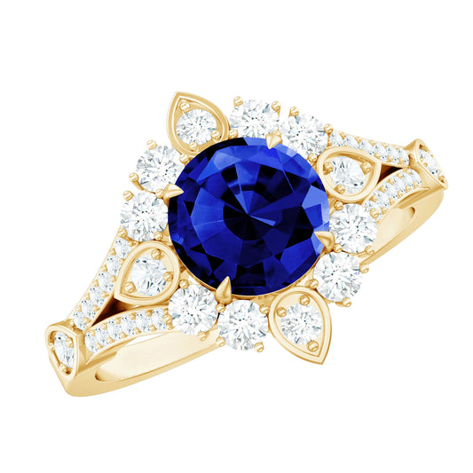 Certified 2.7 Carat Lab Grown Blue Sapphire Flower Engagement Ring with Diamond