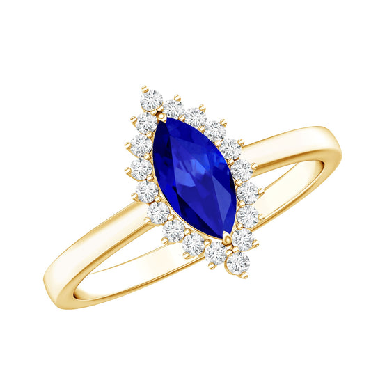 Marquise Cut Lab Grown Blue Sapphire and Diamond Halo Engagement Ring