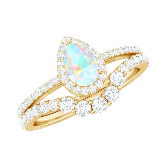 Certified 0.7 Carat Natural Ethiopian Opal Teardrop Wedding Engagement Ring Set of 2