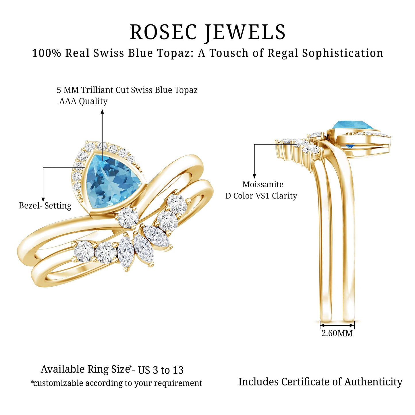 Real Swiss Blue Topaz Designer Engagement Ring With Enhancer